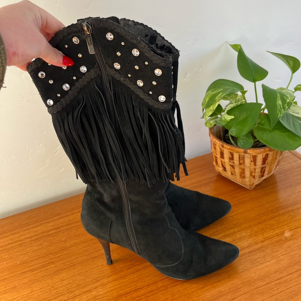 Colin Stuart Black Suede Fringe Rhinestone Heeled Boots 10 90s Y2K rocker